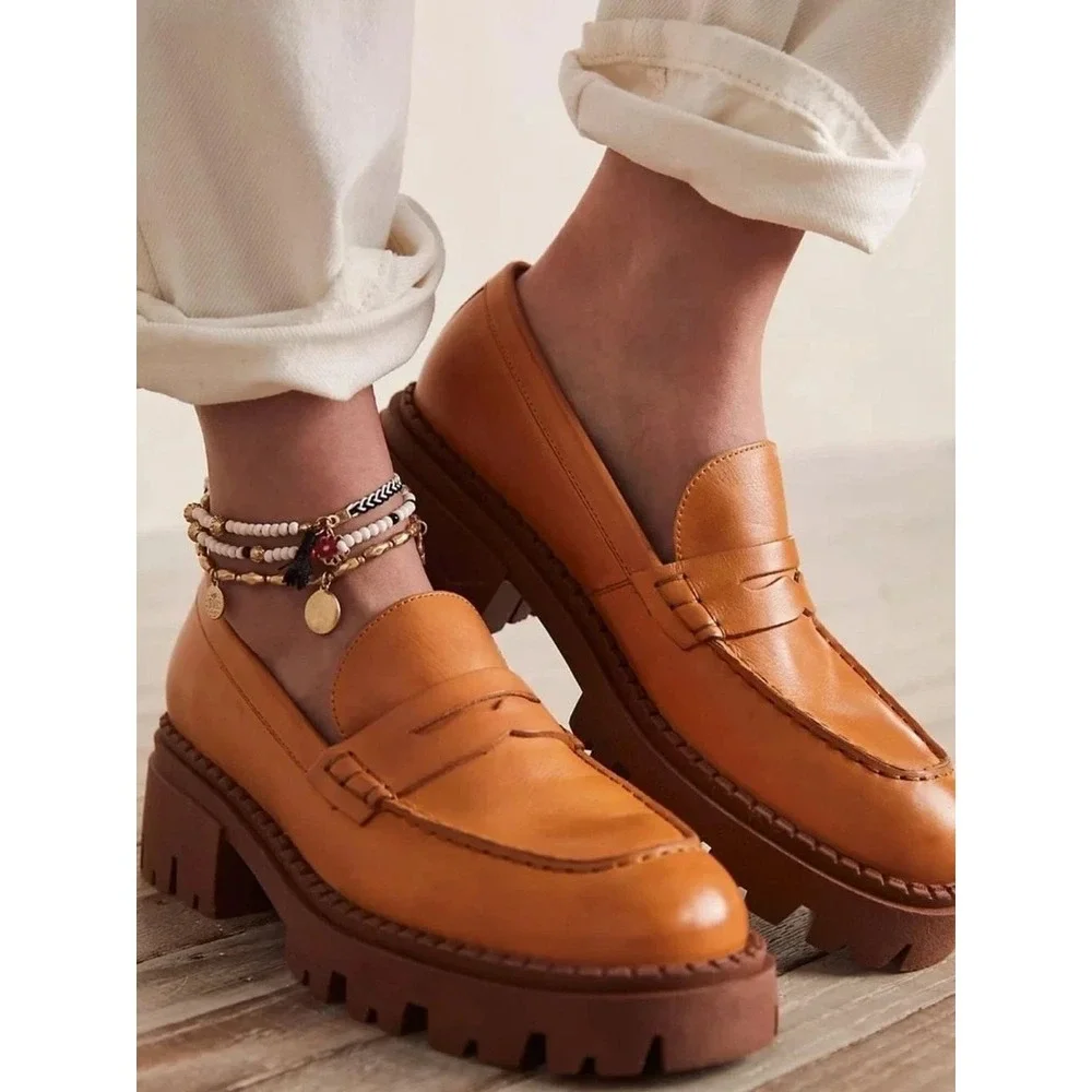 Free People Penny Loafers Womens Saffron Leather Chunky Lug Sole Academia 38